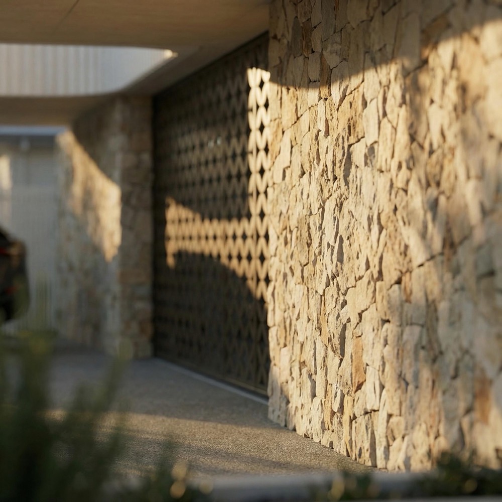 Natural stone wall beside a patterned metal screen